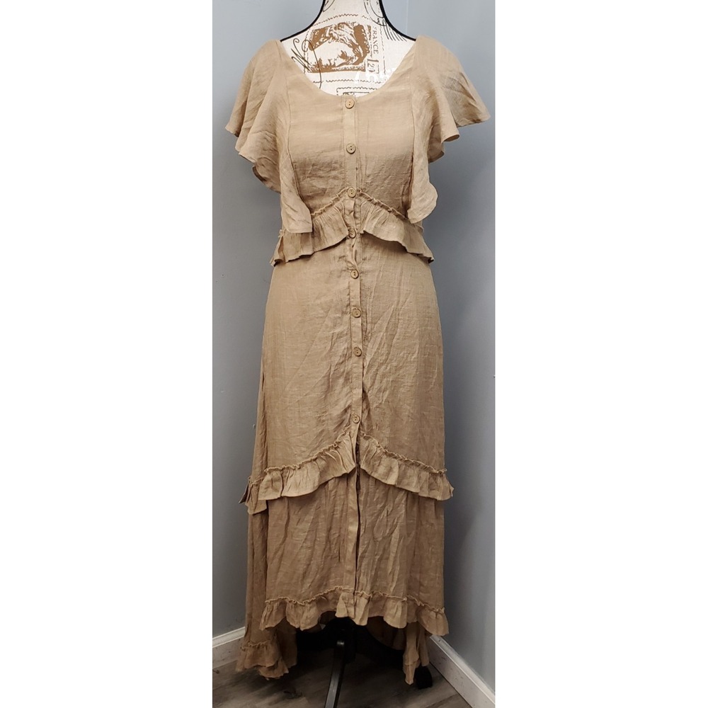 Bella Ella Boutique Maxi Dress Womens Small Brown Tiered Ruffle Button Front